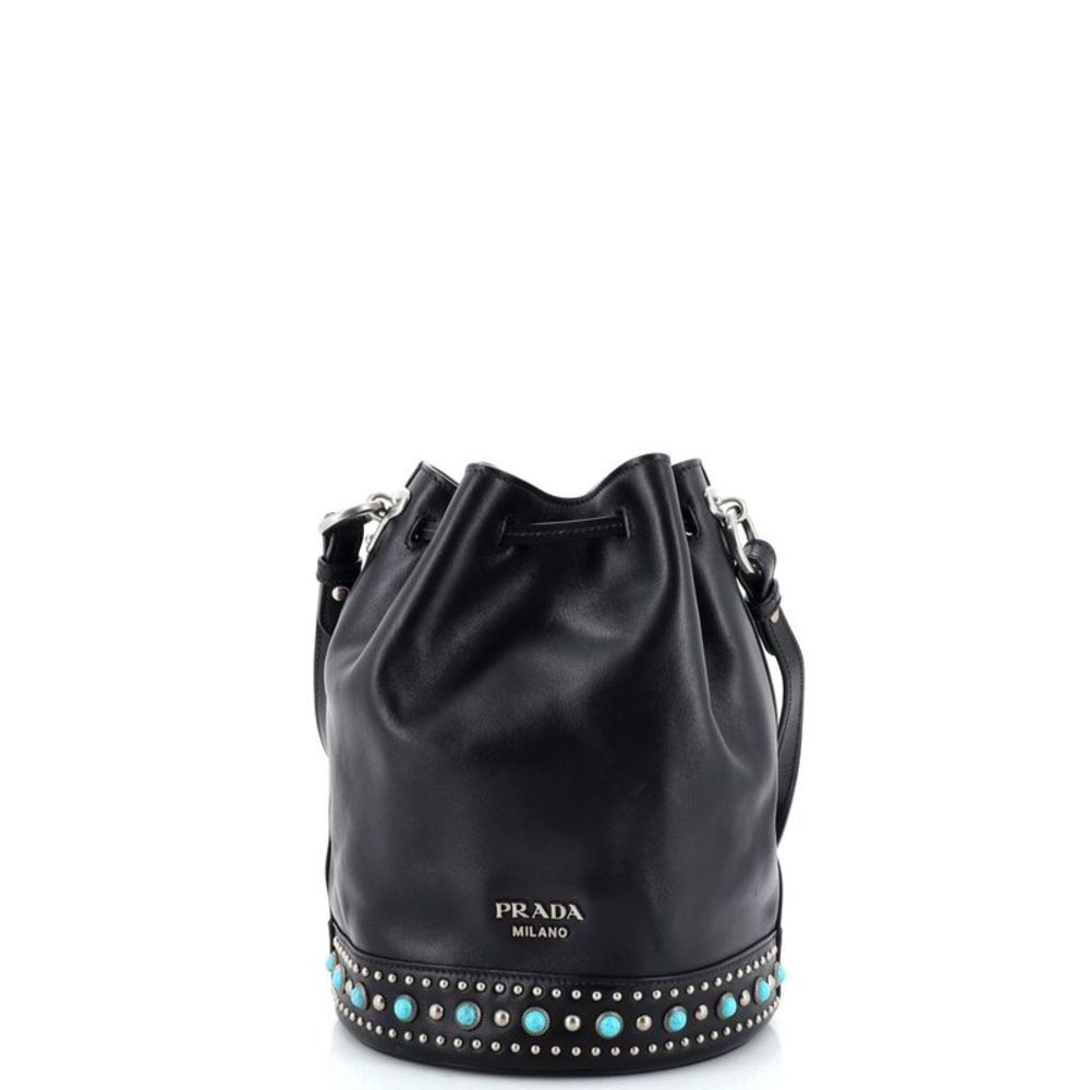 Black Leather Bucket Bag with Turquoise Stud Accents - Picture 3 of 12